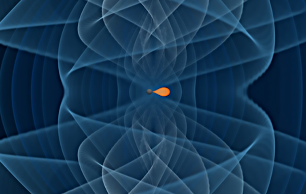 A imaxe amosa a fusión dun buraco negro de baixa masa (en gris escuro) cunha estrela de neutróns. O sinal de ondas gravitacionais aparece representado cun rango de cores que van desde o azul escuro ao máis claro. / Crédito: Créditos: I. Markin (Universidade de Potsdam), T. Dietrich (Universidade de Potsdam e Instituto Max Planck de Física Gravitacional), H. Pfeiffer, A. Buonanno (Instituto Max Planck de Física Gravitacional).