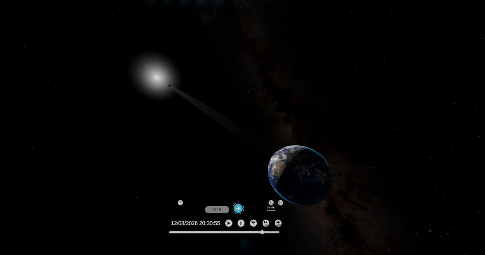 Recreación en 360º desde o espazo da eclipse solar do 12 de agosto de 2026, no momento da totalidade sobre Galicia, arredor das 20.30h